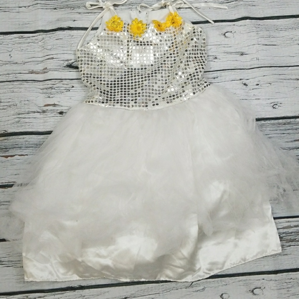 Silver dot dazzle dress with flowers & bow in back